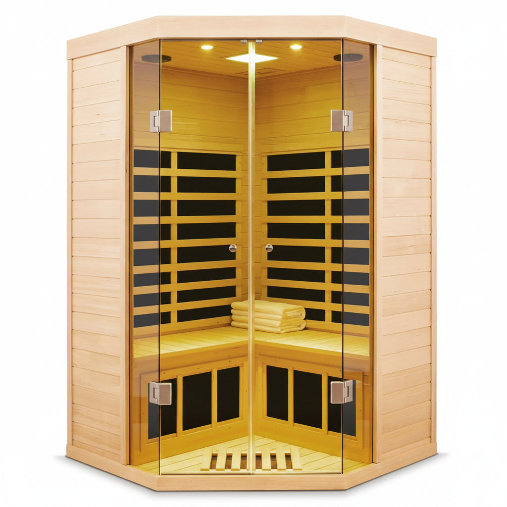 2-Person Corner Far Infrared Sauna Room - Hemlock Wood, Deluxe Transparent Glass Front, Large Capacity Home Sauna