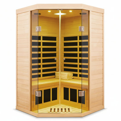2-Person Corner Far Infrared Sauna Room - Hemlock Wood, Deluxe Transparent Glass Front, Large Capacity Home Sauna
