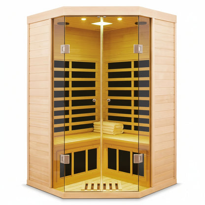 2-Person Corner Far Infrared Sauna Room - Hemlock Wood, Deluxe Transparent Glass Front, Large Capacity Home Sauna